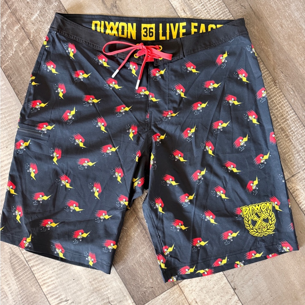 DIXXON Black Swim Board Shorts with Red & Yellow Bird Print
